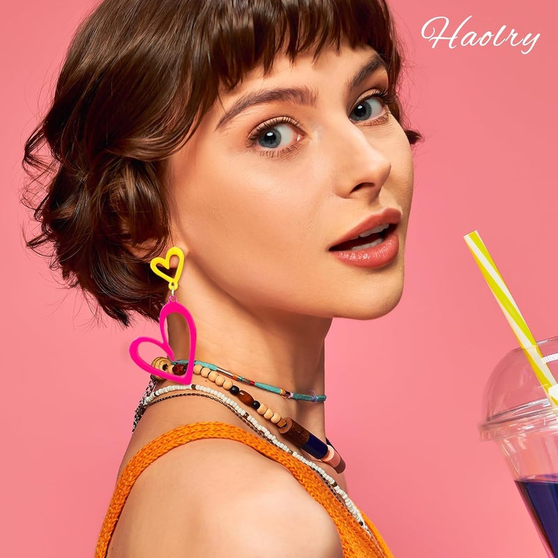 HOLYRY Neon Heart Earrings for Women Acrylic Neon Earrings 80s 90s Outfit for Women Glow Party Accessories Gifts Hot Pink Orange Green Yellow - Image 4